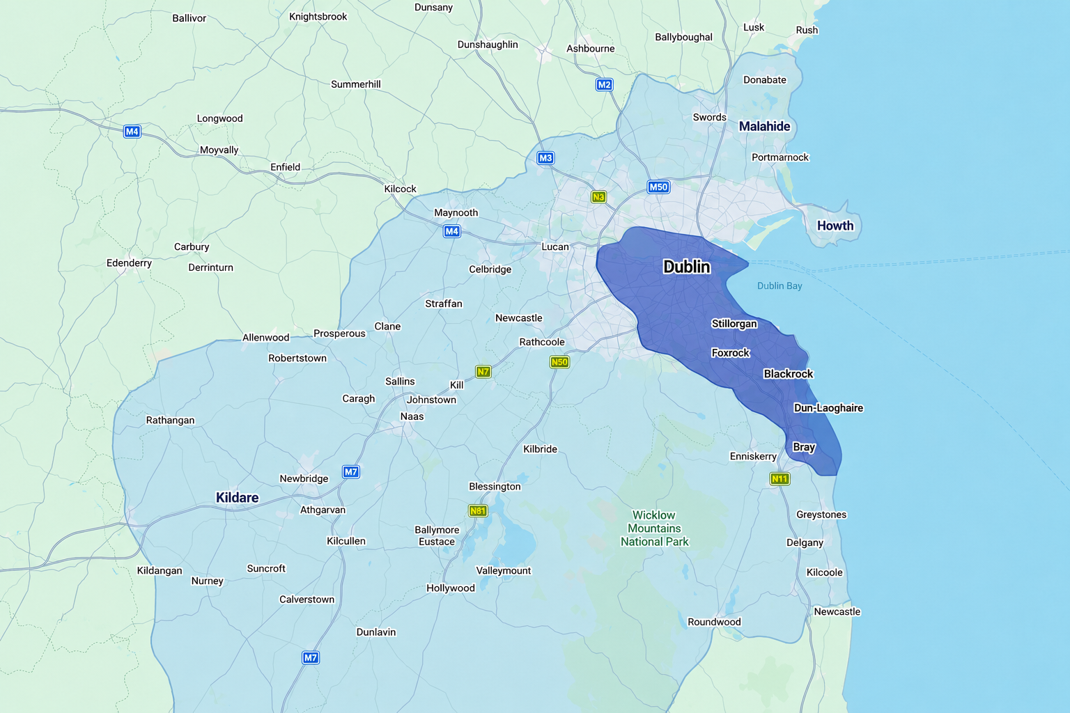Top Builders coverage map showing the primary Dublin and North Wicklow service area and extended coverage across Kildare, wider Wicklow and North County Dublin
