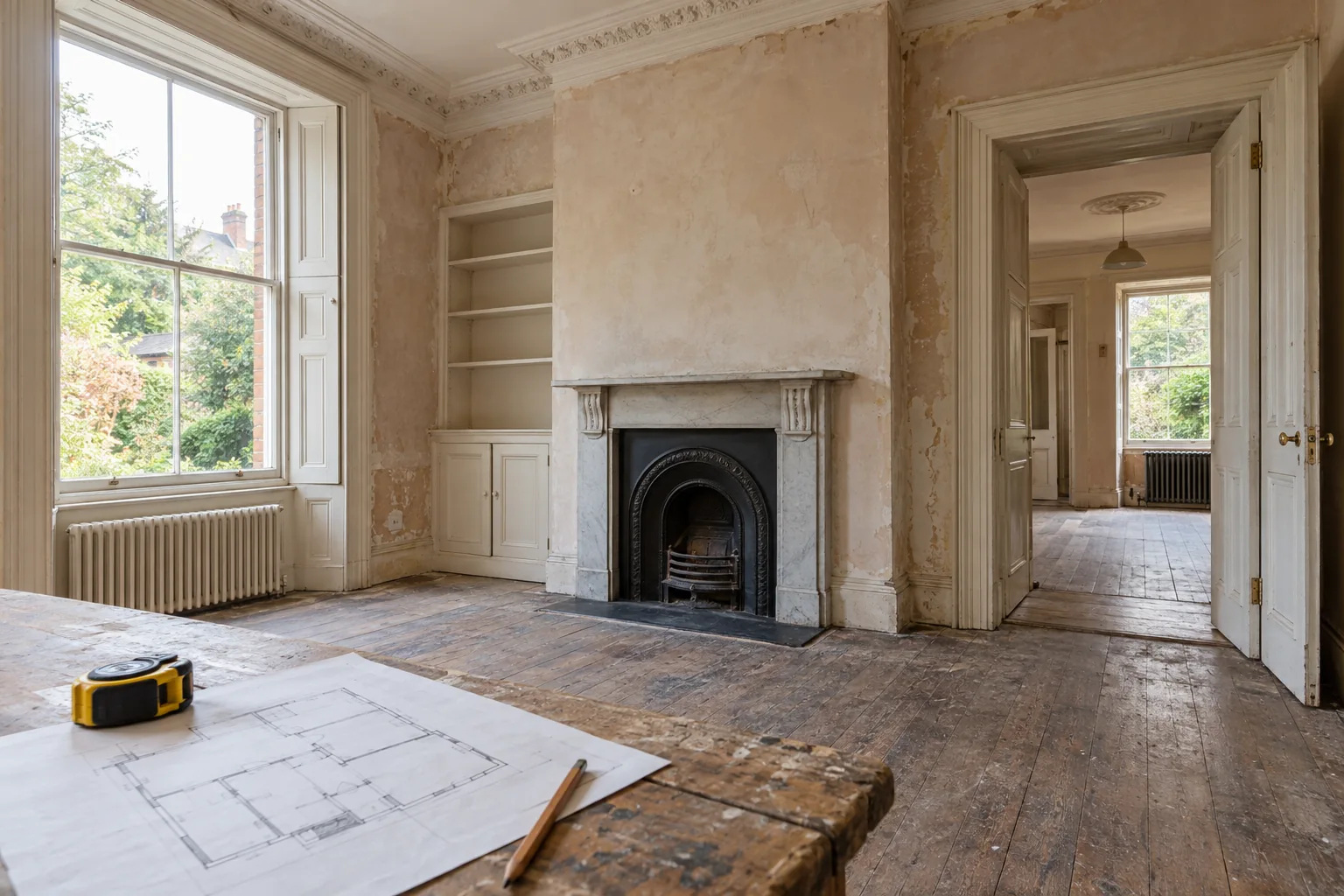 Period room with original fireplace, timber floors and renovation plans